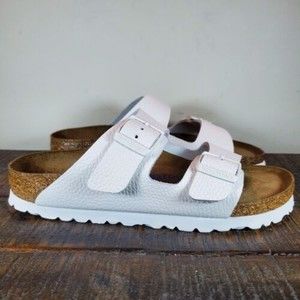 Birkenstock White and Light Pink Arizona Dual-Strap Sandals